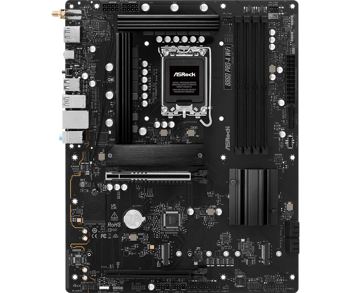 ASRock B860 PRO-A WIFI | Processor family Intel | Processor socket LGA1851 | DDR5 | Supported hard disk drive interfaces SATA, M.2 | Number of SATA connectors 4