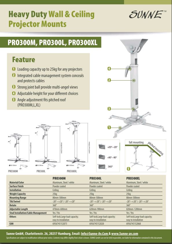 Sunne | Projector Ceiling mount | Turn, Tilt | White - Image 2