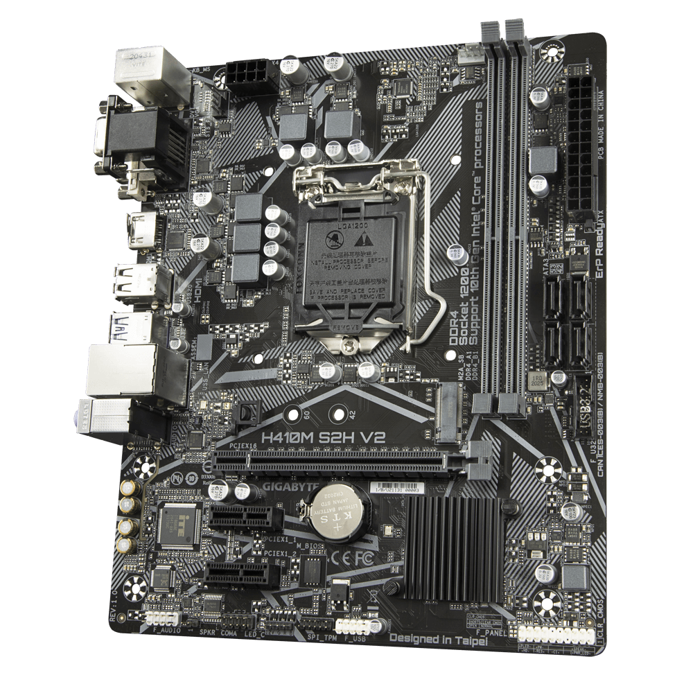 Gigabyte | H410M S2H V2 1.0 M/B | Processor family Intel | Processor socket LGA1200 | DDR4 DIMM | Memory slots 2 | Supported hard disk drive interfaces SATA, M.2 | Number of SATA connectors 4 | Chipset Intel H | Micro ATX - Image 3