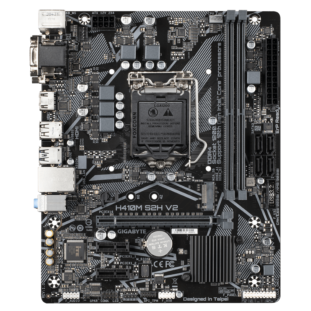 Gigabyte | H410M S2H V2 1.0 M/B | Processor family Intel | Processor socket LGA1200 | DDR4 DIMM | Memory slots 2 | Supported hard disk drive interfaces SATA, M.2 | Number of SATA connectors 4 | Chipset Intel H | Micro ATX - Image 5