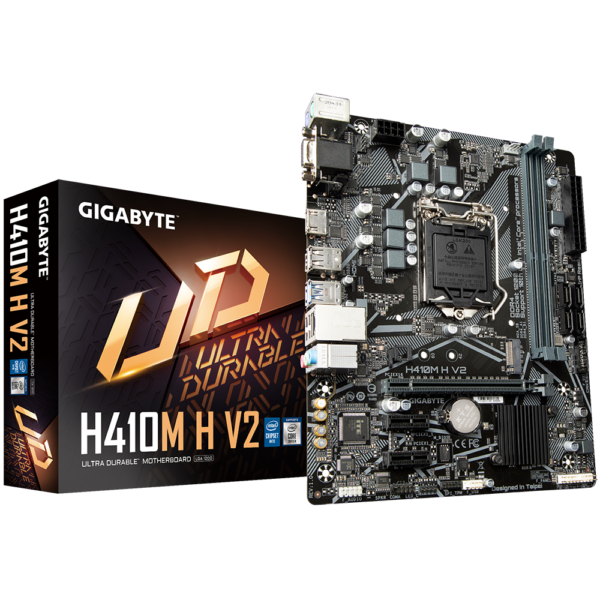 Gigabyte | H410M H V2 1.0 M/B | Processor family Intel | Processor socket LGA1200 | DDR4 DIMM | Memory slots 2 | Supported hard disk drive interfaces SATA, M.2 | Number of SATA connectors 4 | Chipset Micro ATX | Intel H