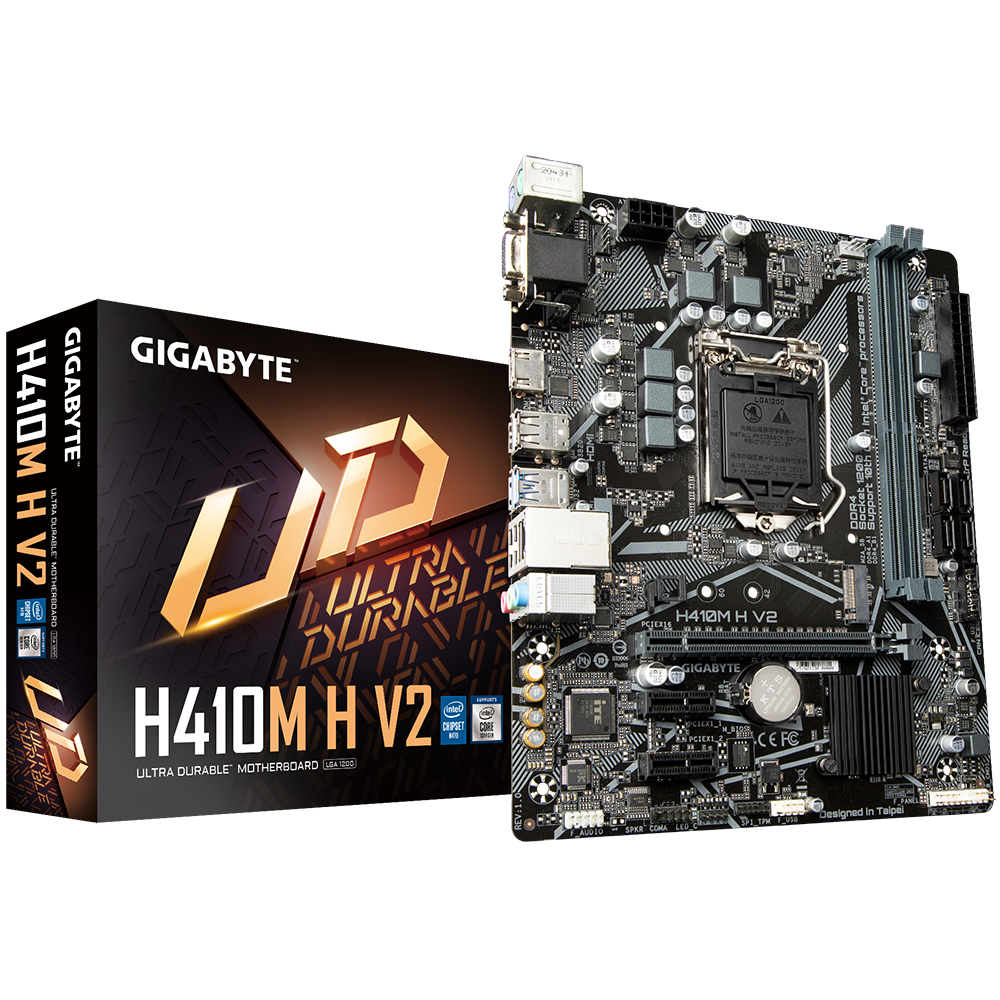 Gigabyte | H410M H V2 1.0 M/B | Processor family Intel | Processor socket LGA1200 | DDR4 DIMM | Memory slots 2 | Supported hard disk drive interfaces SATA, M.2 | Number of SATA connectors 4 | Chipset Micro ATX | Intel H