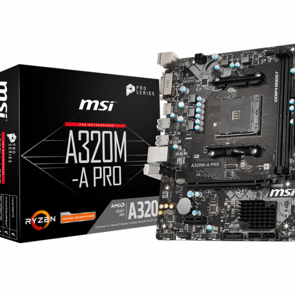 MSI | A320M-A PRO | Processor family AMD | Processor socket AM4 | DDR4 | Memory slots 2 | Supported hard disk drive interfaces SATA | Number of SATA connectors 4 | Chipset AMD A320 | m-ATX