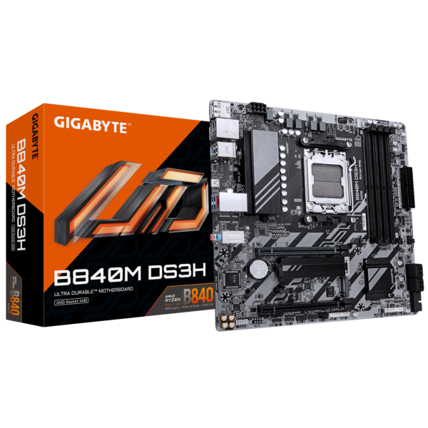 Gigabyte B840M DS3H | Processor family AMD | Processor socket AM5 | DDR5 | Supported hard disk drive interfaces SATA, M.2 | Number of SATA connectors 4