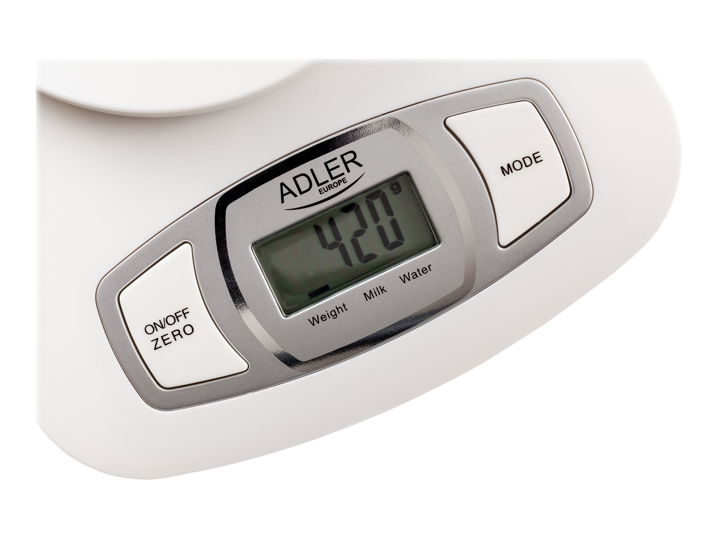 Adler AD 3137 Kitchen scales, Capacity 5 kg , Graduation 1g, Big LCD Display, Auto-zero/Auto-off, Large bowl, White | Adler | Adler AD 3137 | Maximum weight (capacity) 5 kg | Graduation 1 g | Display type LCD | White - Image 6