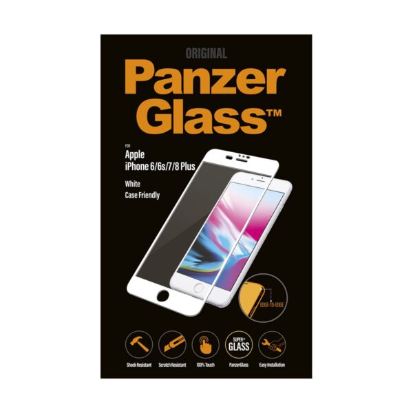 PanzerGlass | 2621 Casefriendly | Screen protector | Apple | iPhone 6/6s/7/8 Plus | Tempered glass | Transparent/White | Original PanzerGlass™ tempered glass screen protector/Crystal Clear/Full frame coverage/Oleophobic layer (antibacterial + anti-fingerprint)/100% touch preservation