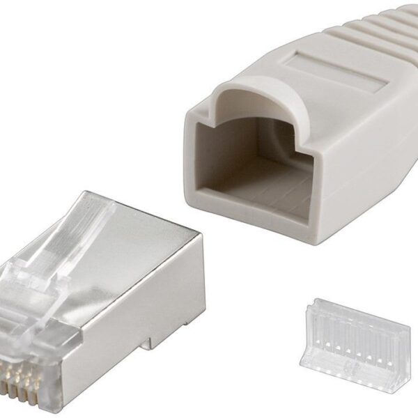 Goobay 68746  RJ45 plug, CAT 5e STP shielded with strain-relief boot, grey | for round cable with Threader   cable lead in 6.4 mm single packed (1 set per polybag)  Technical specifications  Connections  Connection, type  RJ45 male (8P8C)   Connection, contact material  gold-plated 3µ   Contacting  8 Pin   Cable  Specification  CAT 5e   Shielding class  STP   AWG  26-24   General  Consumption Unit  10 pcs. polybag   Color  grey