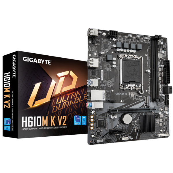 Gigabyte H610M K V2 | Processor family Intel | Processor socket LGA1700 | DDR5 | Supported hard disk drive interfaces M.2, SATA | Number of SATA connectors 2