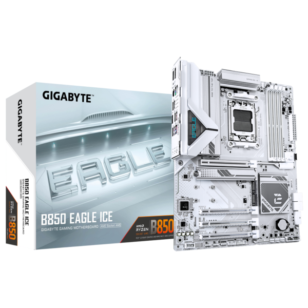 Gigabyte B850 EAGLE ICE | Processor family AMD | Processor socket AM5 | DDR5 | Supported hard disk drive interfaces SATA, M.2 | Number of SATA connectors 4