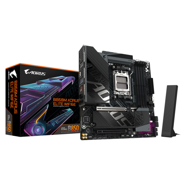 Gigabyte B850M A ELT WF6E | Processor family AMD | Processor socket AM5 | DDR5 | Supported hard disk drive interfaces SATA, M.2 | Number of SATA connectors 4