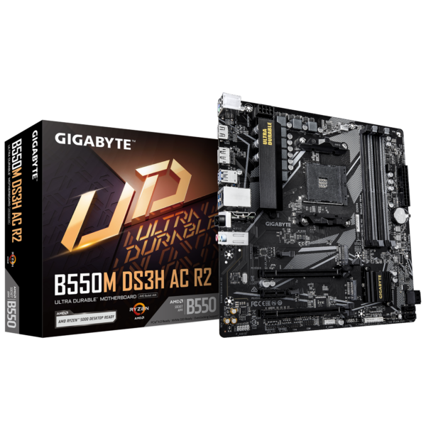 Gigabyte B550M DS3H AC R2 | Processor family AMD | Processor socket AM4 | DDR4 DIMM | Supported hard disk drive interfaces SATA, M.2 | Number of SATA connectors 4