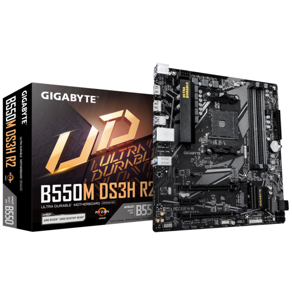 Gigabyte B550M DS3H R2 | Processor family AMD | Processor socket AM4 | DDR4 DIMM | Supported hard disk drive interfaces SATA, M.2 | Number of SATA connectors 4