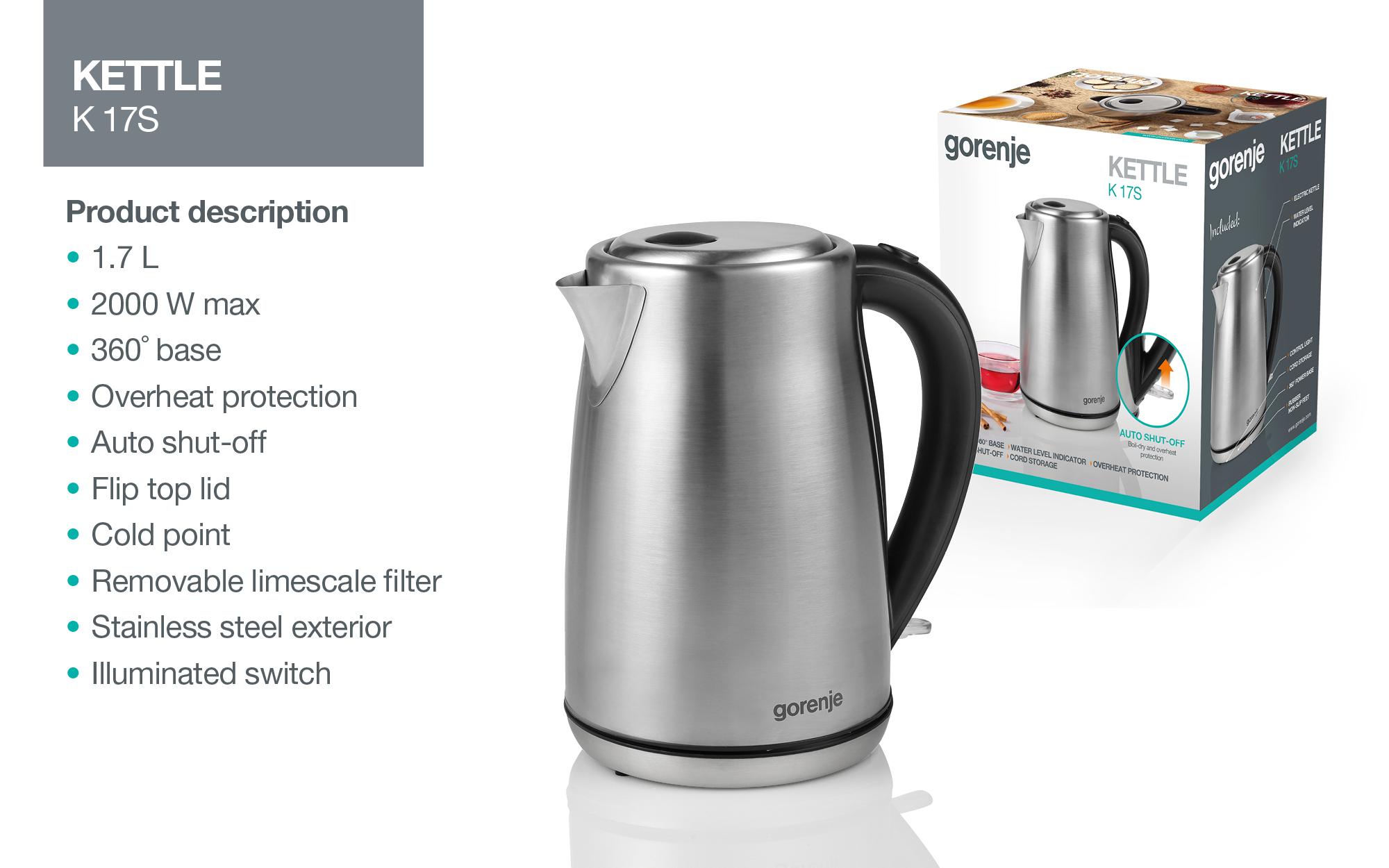 Gorenje | Kettle | K17S | Electric | 2000 W | 1.7 L | Stainless steel | 360° rotational base | Stainless steel - Image 8