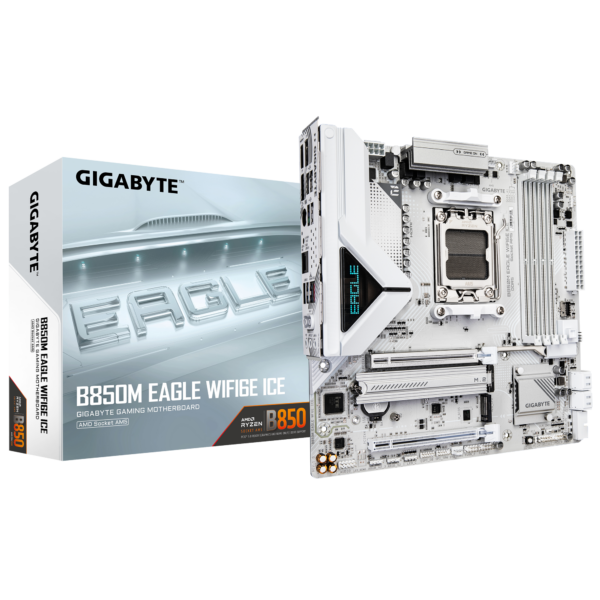 Gigabyte B850M EAGLE WF6E ICE | Processor family AMD | Processor socket AM5 | DDR5 | Supported hard disk drive interfaces SATA, M.2 | Number of SATA connectors 4