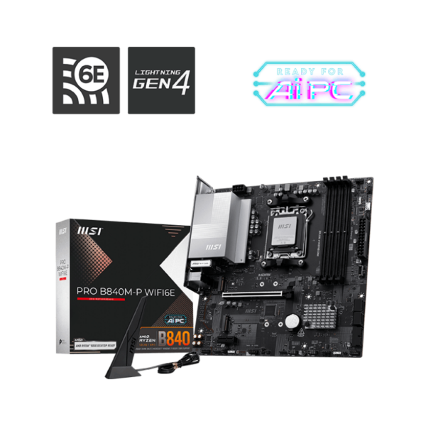 MSI PRO B840M-P WIFI6E | Processor family AMD | Processor socket AM5 | DDR5 | Supported hard disk drive interfaces SATA, M.2 | Number of SATA connectors 4