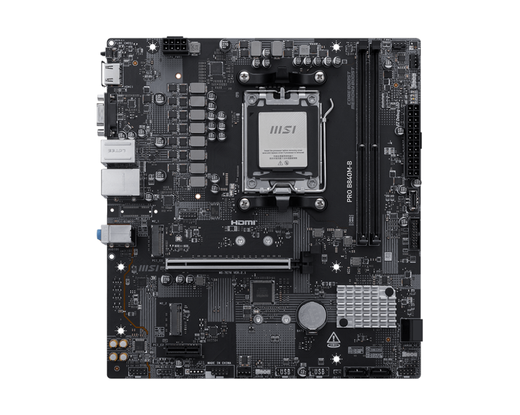 MSI PRO B840M-B | Processor family AMD | Processor socket AM5 | DDR5 | Supported hard disk drive interfaces SATA, M.2 | Number of SATA connectors 4