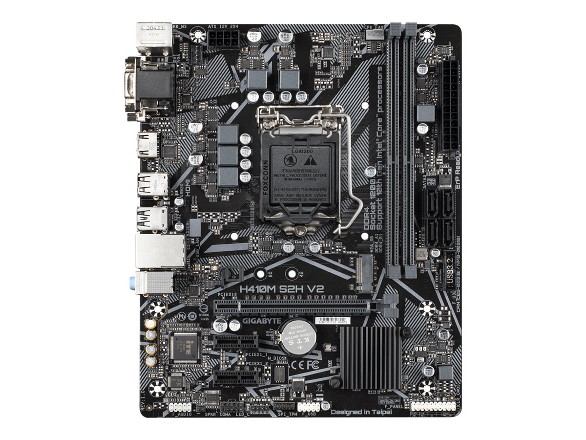 Gigabyte | H410M S2H V2 1.0 M/B | Processor family Intel | Processor socket LGA1200 | DDR4 DIMM | Memory slots 2 | Supported hard disk drive interfaces SATA, M.2 | Number of SATA connectors 4 | Chipset Intel H | Micro ATX - Image 2
