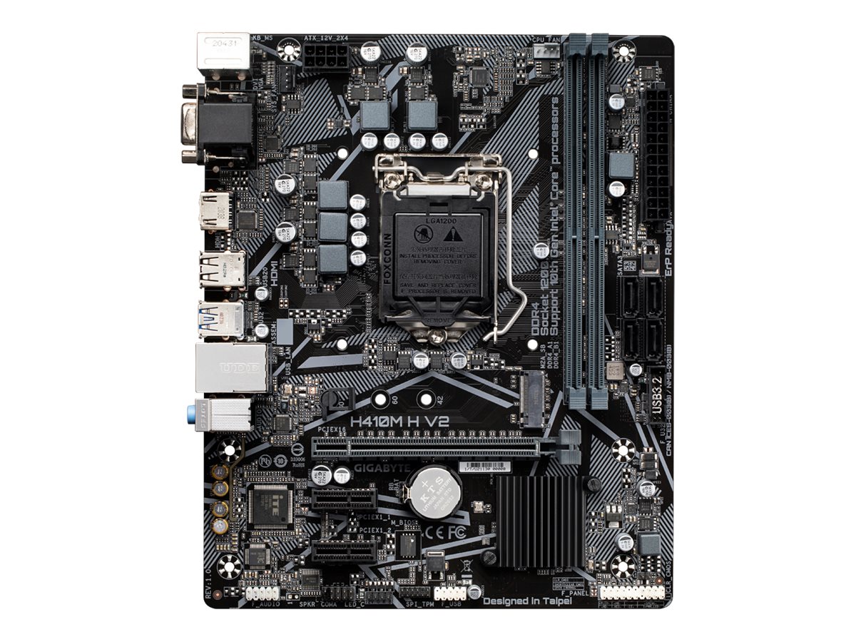Gigabyte | H410M H V2 1.0 M/B | Processor family Intel | Processor socket LGA1200 | DDR4 DIMM | Memory slots 2 | Supported hard disk drive interfaces SATA, M.2 | Number of SATA connectors 4 | Chipset Micro ATX | Intel H - Image 2