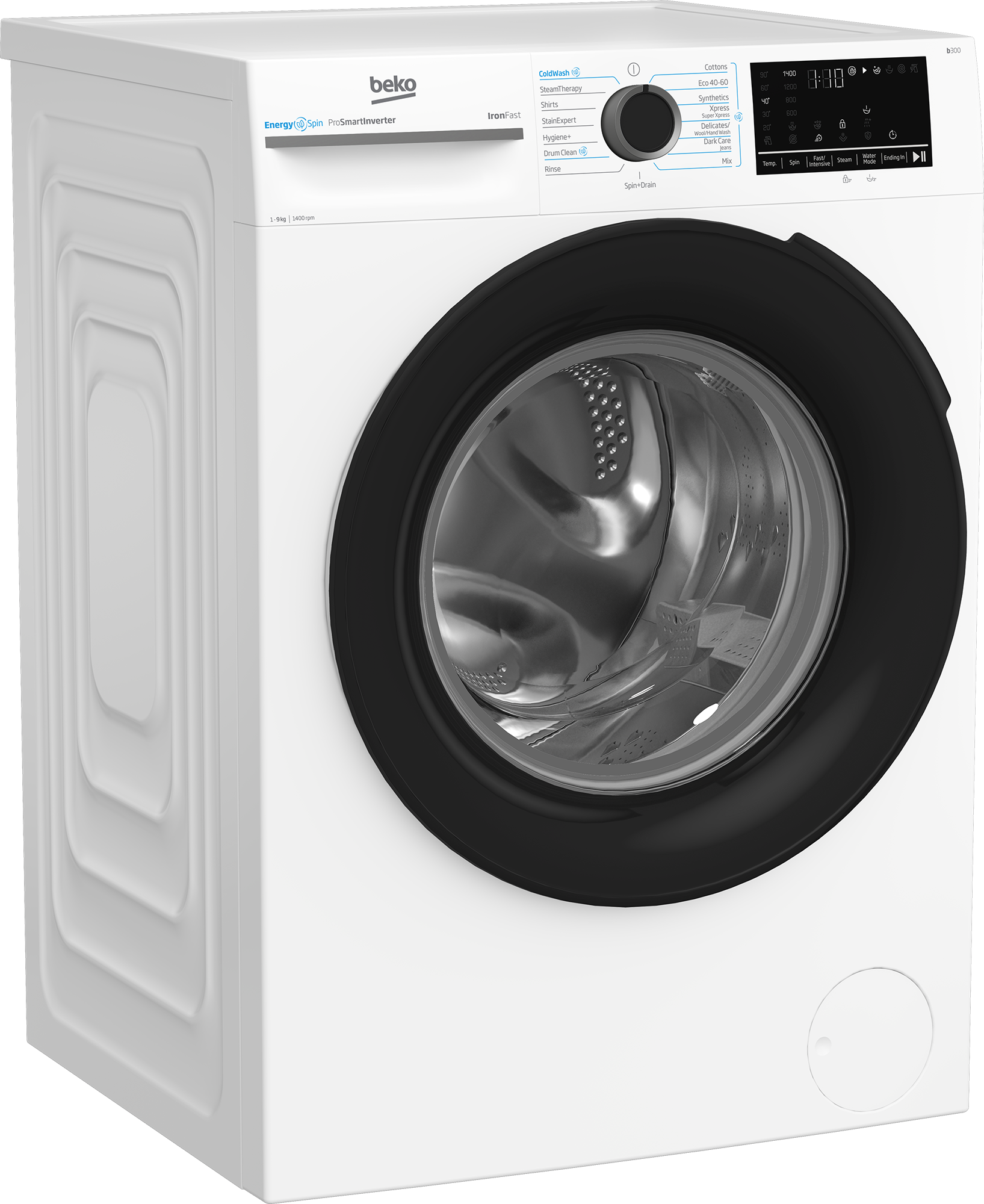 BEKO Washing Machine | BM3WFSU49415WB | Energy efficiency class A | Front loading | Washing capacity 9 kg | 1400 RPM | Depth 55 cm | Width 60 cm | Display | Digital | Steam function | White - Image 3