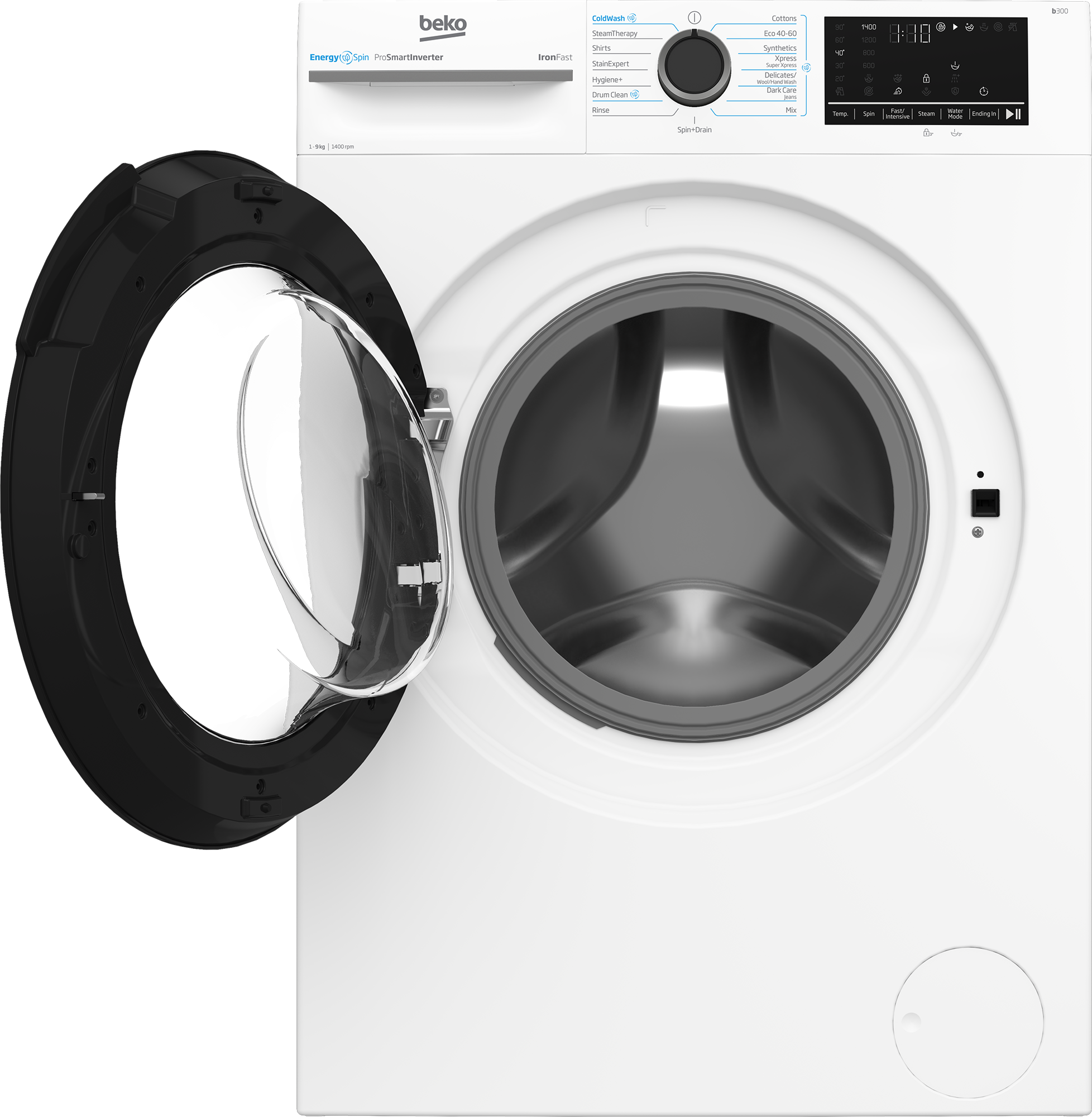 BEKO Washing Machine | BM3WFSU49415WB | Energy efficiency class A | Front loading | Washing capacity 9 kg | 1400 RPM | Depth 55 cm | Width 60 cm | Display | Digital | Steam function | White - Image 4