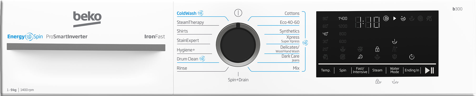 BEKO Washing Machine | BM3WFSU49415WB | Energy efficiency class A | Front loading | Washing capacity 9 kg | 1400 RPM | Depth 55 cm | Width 60 cm | Display | Digital | Steam function | White - Image 7