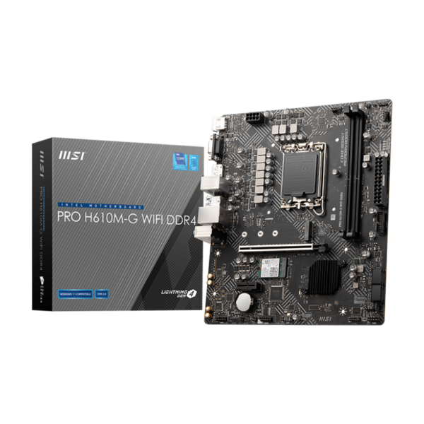 MSI PRO H610M-G WIFI DDR4 | Processor family Intel | Processor socket LGA1700 | DDR4 | Supported hard disk drive interfaces SATA, M.2 | Number of SATA connectors 4