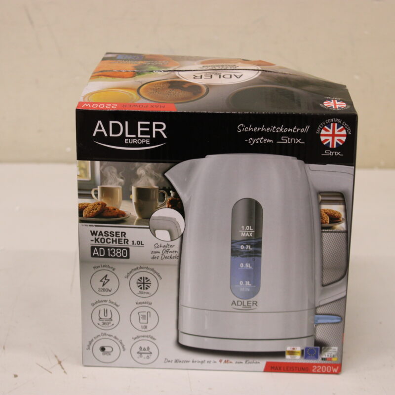 SALE OUT. Adler AD 1380w Electric kettle, Plastic, 1 L, White | SALE OUT. Adler Kettle | AD 1380w | Electric | 2200 W | 1 L | Polypropylene | 360° rotational base | White | DAMAGED PACKAGING