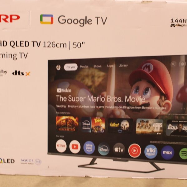 SALE OUT. Sharp 50HR7265E 50" (126cm) QLED 144Hz 4K Ultra HD Google TV, Dolby Vision, Dolby Atmos, Central Stand | SALE OUT. Sharp 50HR7265E | 50 | Smart TV | Google TV | Black | DAMAGED PACKAGING, SCRATCHED ON THE SCREEN