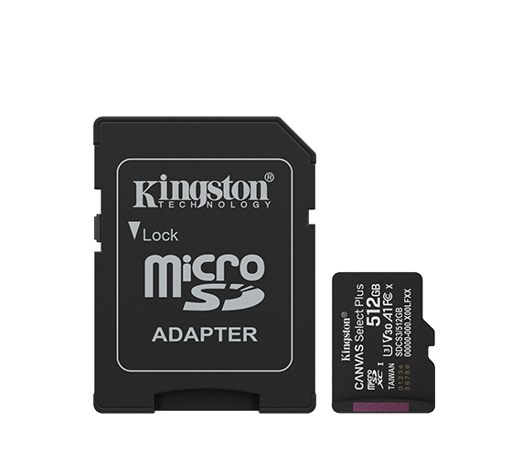 Kingston Canvas Select Plus | 512 GB | microSD | Flash memory class Class 10, UHS-I, U1/U3, video class 10/30, A1