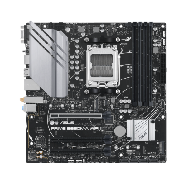 Asus | PRIME B650M-A WIFI II | Processor family AMD | Processor socket AM5 | DDR5 DIMM | Memory slots 4 | Supported hard disk drive interfaces 	SATA, M.2 | Number of SATA connectors 4 | Chipset  AMD B650 | mATX