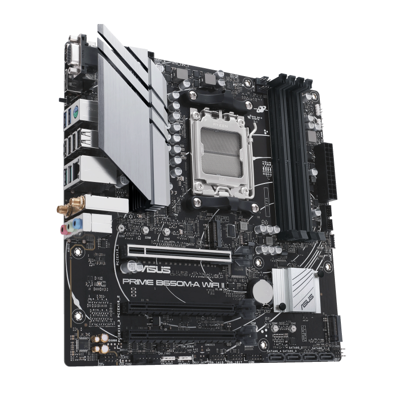 Asus | PRIME B650M-A WIFI II | Processor family AMD | Processor socket AM5 | DDR5 DIMM | Memory slots 4 | Supported hard disk drive interfaces SATA, M.2 | Number of SATA connectors 4 | Chipset AMD B650 | mATX - Image 4