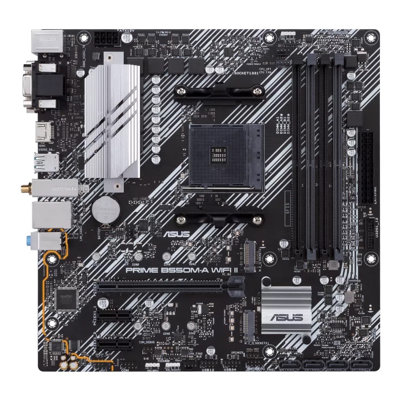 Asus | PRIME B550M-A WIFI II | Processor family AMD | Processor socket AM4 | DDR4 DIMM | Memory slots 4 | Supported hard disk drive interfaces SATA, M.2 | Number of SATA connectors 4 | Chipset AMD B550 | microATX
