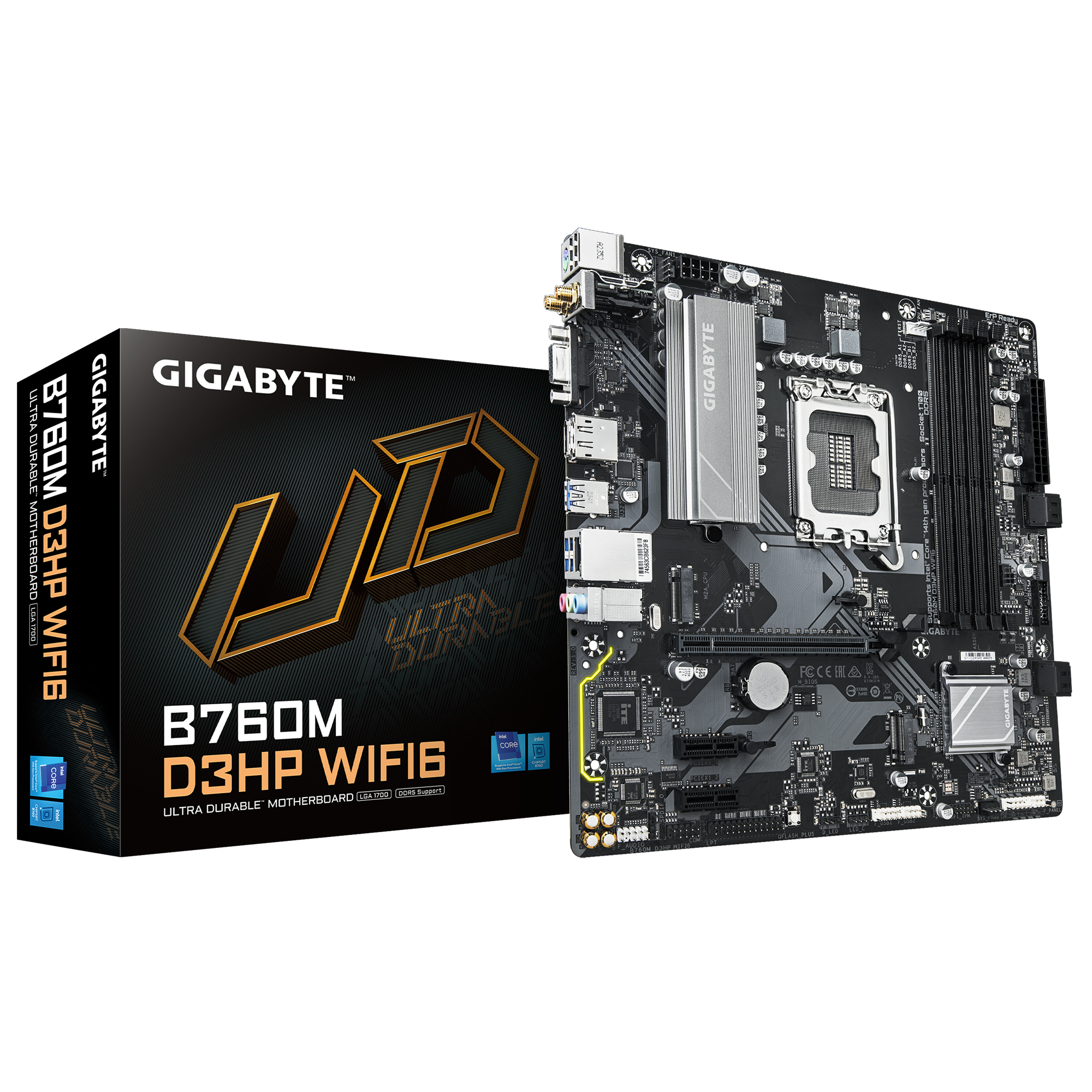 Gigabyte B760M D3HP WIFI6 | Processor family Intel | Processor socket LGA1700 | DDR5 | Supported hard disk drive interfaces M.2, SATA | Number of SATA connectors 4