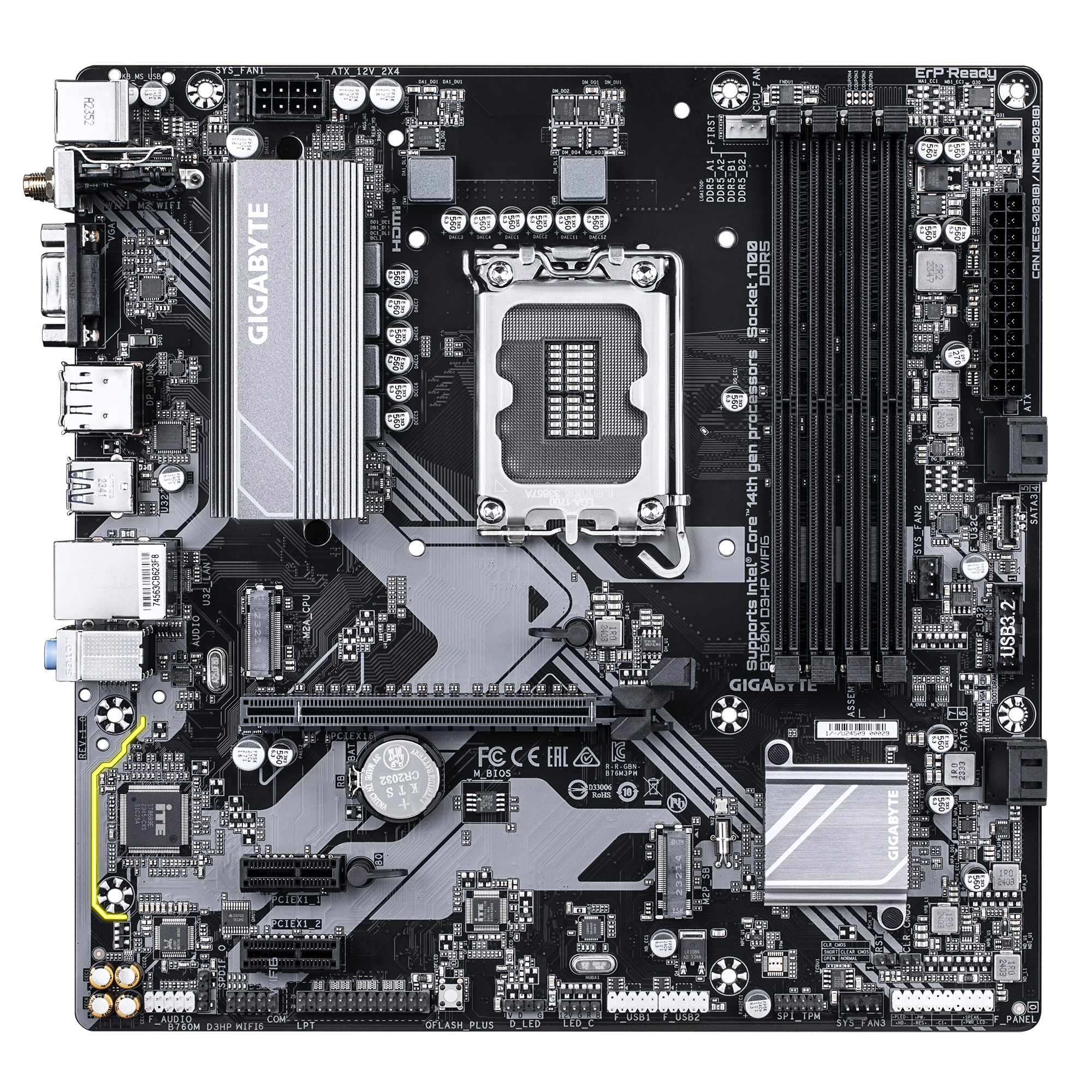 Gigabyte B760M D3HP WIFI6 | Processor family Intel | Processor socket LGA1700 | DDR5 | Supported hard disk drive interfaces M.2, SATA | Number of SATA connectors 4 - Image 3