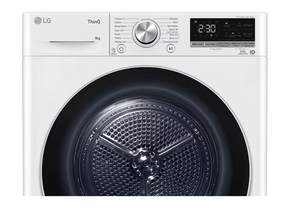 LG Dryer Machine | RH80V9AV3N | Energy efficiency class C | Front loading | 8 kg | LED | Depth 69 cm | Wi-Fi | White - Image 8