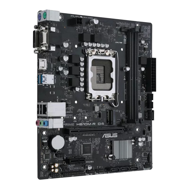 Asus | PRIME H610M-R D4-SI | Processor family Intel | Processor socket LGA1700 | DDR4 DIMM | Memory slots 2 | Supported hard disk drive interfaces SATA, M.2 | Number of SATA connectors 4 | Chipset Intel H610 | Mic-ATX - Image 3