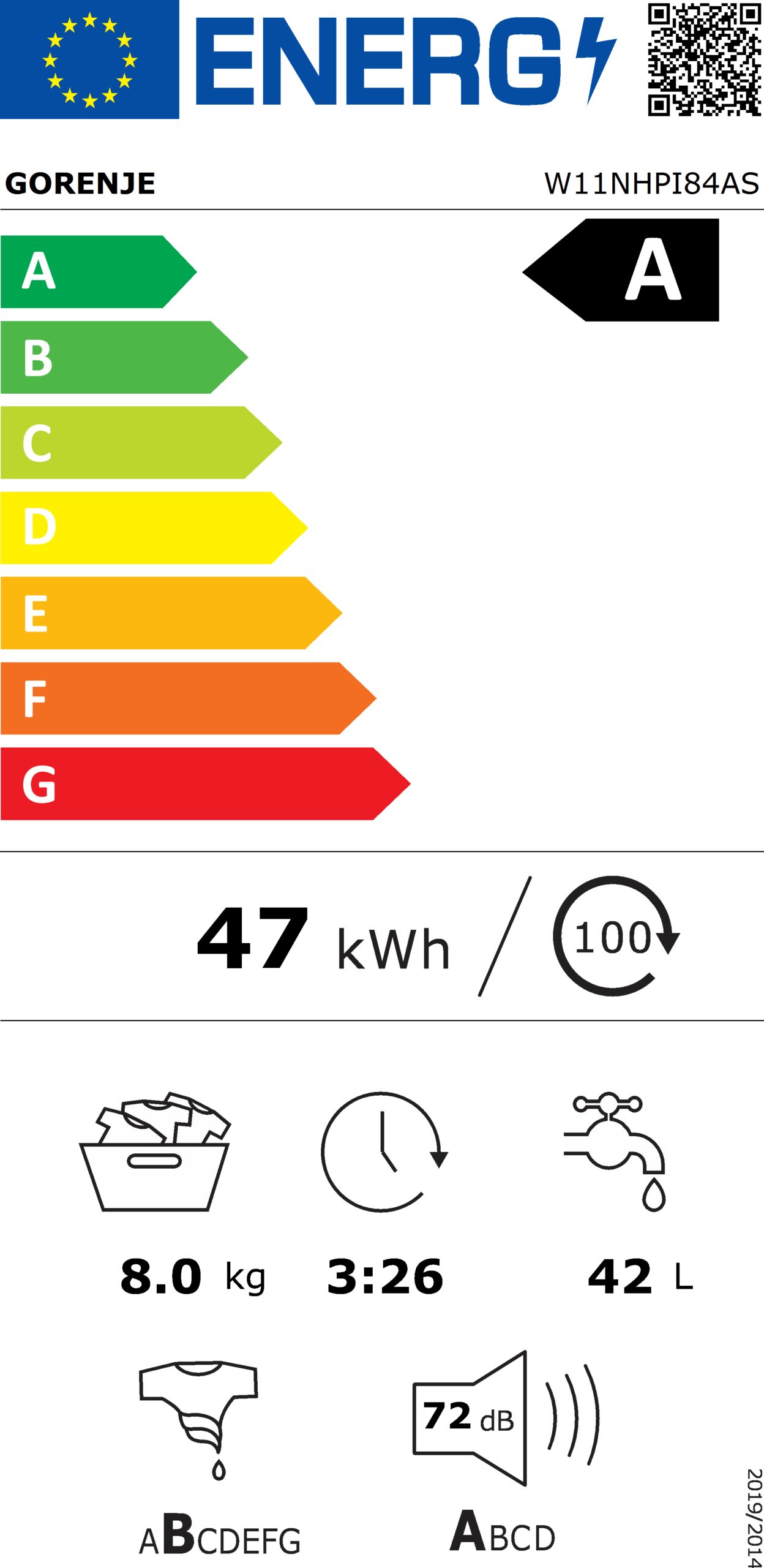 Gorenje | Washing Machine | W11NHPI84AS | Energy efficiency class A | Front loading | Washing capacity 8 kg | 1400 RPM | Depth 54 cm | Width 60 cm | Display | LED | Steam function | White - Image 12