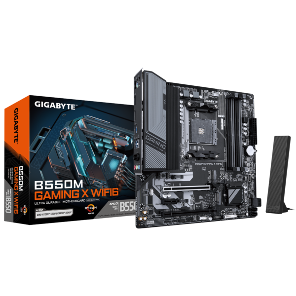 Gigabyte B550M GAMING X WIFI6 | Processor family AMD | Processor socket AM4 | DDR4 DIMM | Supported hard disk drive interfaces SATA, M.2 | Number of SATA connectors 4