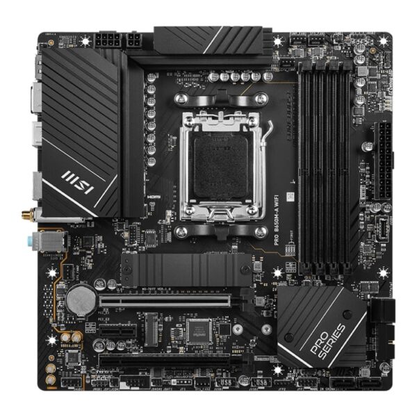 MSI | PRO B650M-A WIFI | Processor family AMD | Processor socket AM5 | DDR5 DIMM | Memory slots 4 | Supported hard disk drive interfaces SATA, M.2 | Number of SATA connectors 4 | Chipset AMD B650 | mATX