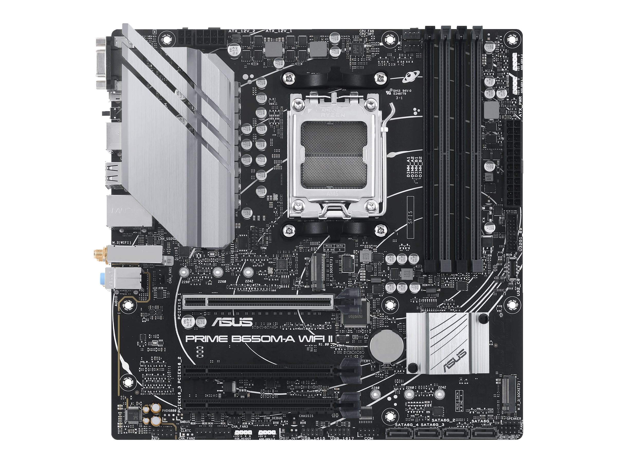 Asus | PRIME B650M-A WIFI II | Processor family AMD | Processor socket AM5 | DDR5 DIMM | Memory slots 4 | Supported hard disk drive interfaces SATA, M.2 | Number of SATA connectors 4 | Chipset AMD B650 | mATX - Image 2