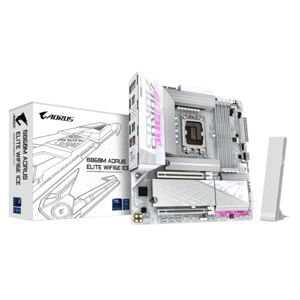 Gigabyte B860M AORUS ELITE WIFI6E ICE | Processor family Intel | Processor socket LGA1851 | DDR5 | Supported hard disk drive interfaces SATA, M.2 | Number of SATA connectors 4