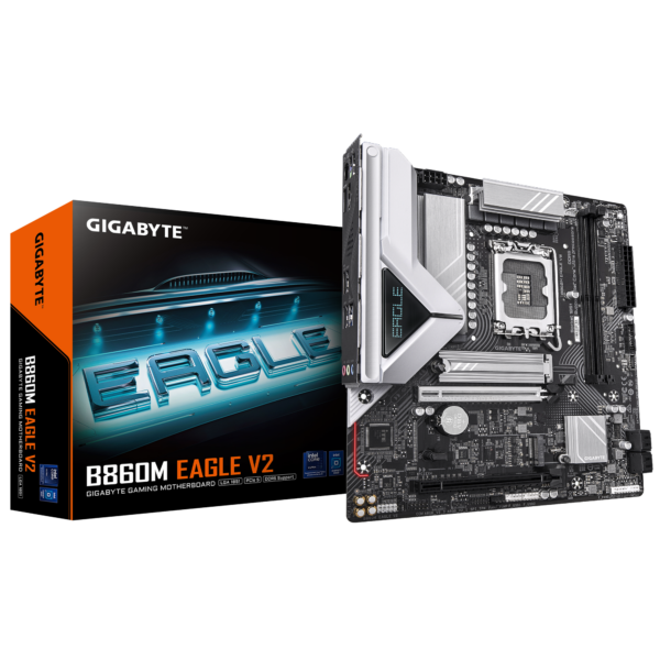 Gigabyte B860M EAGLE V2 | Processor family Intel | Processor socket LGA1851 | DDR5 | Supported hard disk drive interfaces SATA, M.2 | Number of SATA connectors 4
