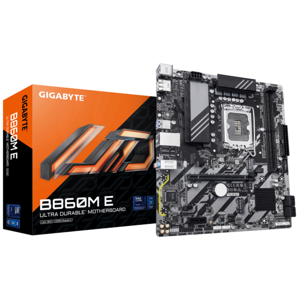 Gigabyte B860M E | Processor family Intel | Processor socket LGA1851 | DDR5 | Supported hard disk drive interfaces SATA, M.2 | Number of SATA connectors 4