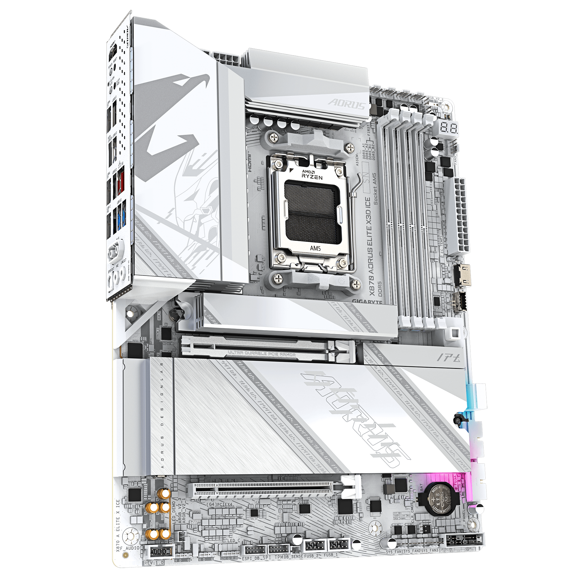 Gigabyte X870 AORUS ELITE X3D ICE | Processor family AMD | Processor socket AM5 | DDR5 | Supported hard disk drive interfaces SATA, M.2 | Number of SATA connectors 4 - Image 3
