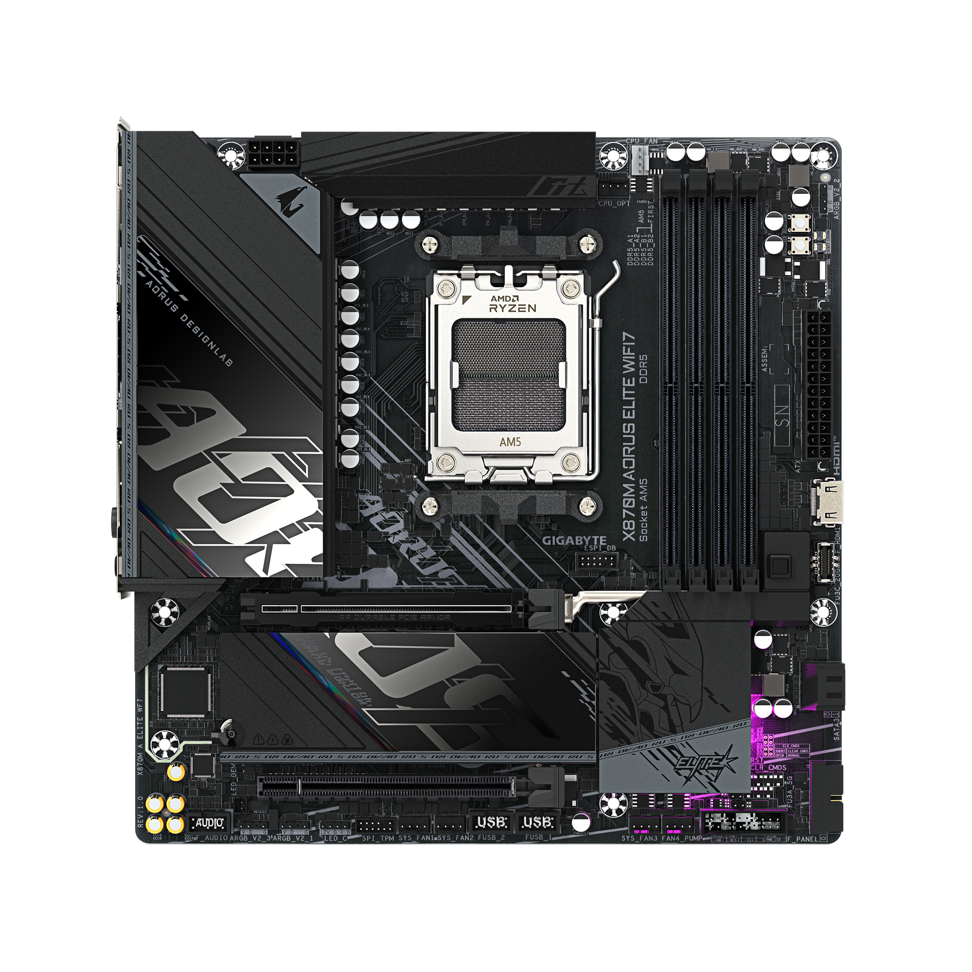 Gigabyte X870M AORUS ELITE WIFI7 | Processor family AMD | Processor socket AM5 | DDR5 | Supported hard disk drive interfaces SATA, M.2 | Number of SATA connectors 2 - Image 2