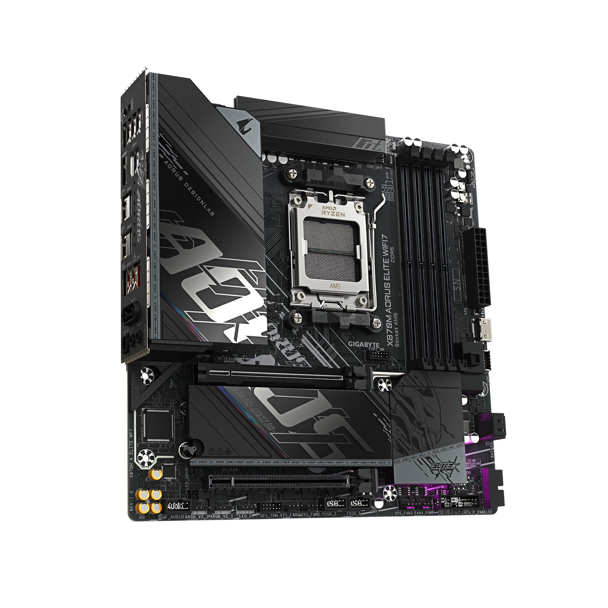 Gigabyte X870M AORUS ELITE WIFI7 | Processor family AMD | Processor socket AM5 | DDR5 | Supported hard disk drive interfaces SATA, M.2 | Number of SATA connectors 2 - Image 4