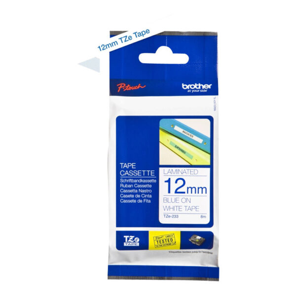 Brother | TZe-233 Laminated Tape | Blue on White | TZe | 8 m | 1.2 cm