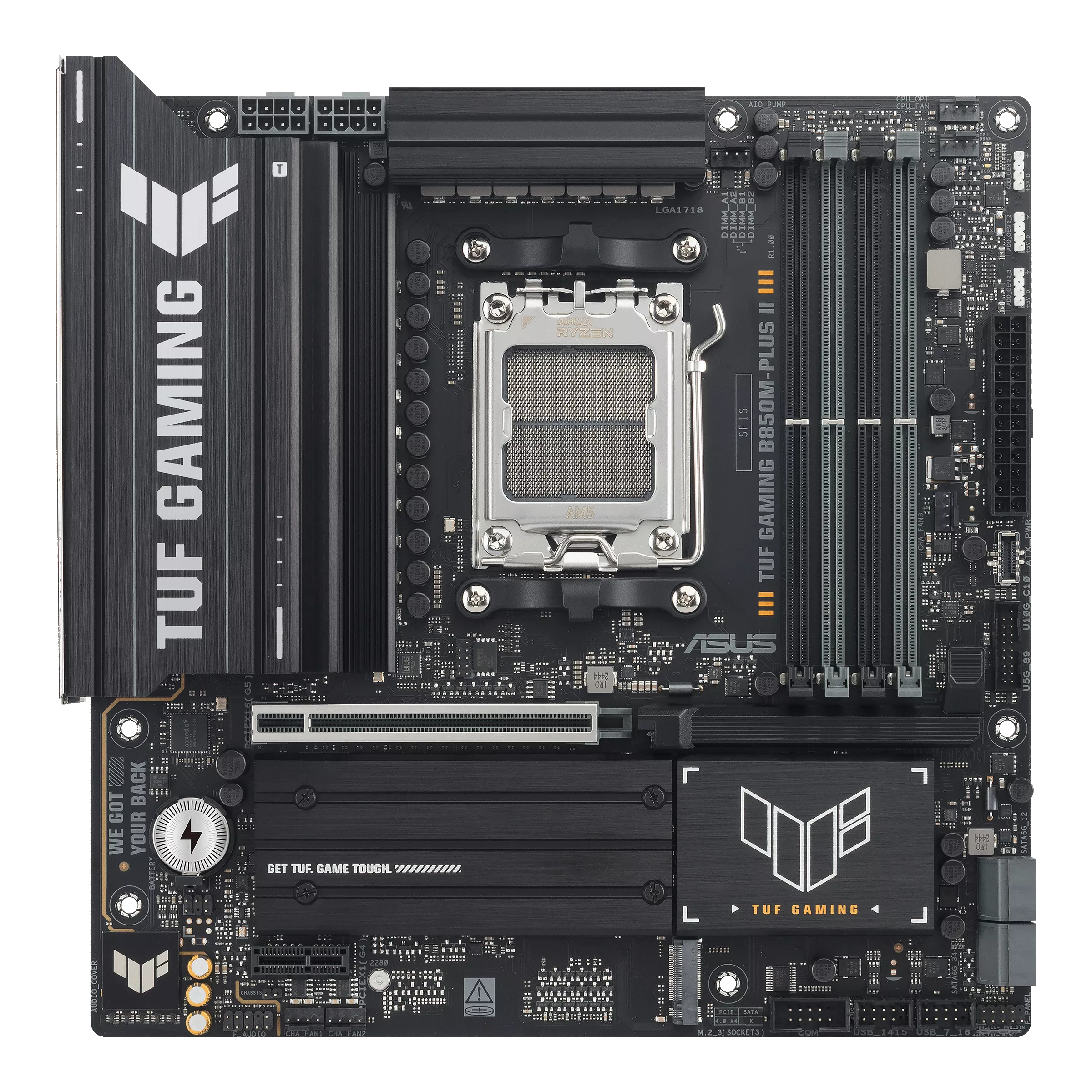Asus TUF GAMING B850M-PLUS II | Processor family AMD | Processor socket AM5 | DDR5 | Supported hard disk drive interfaces SATA, M.2 | Number of SATA connectors 4