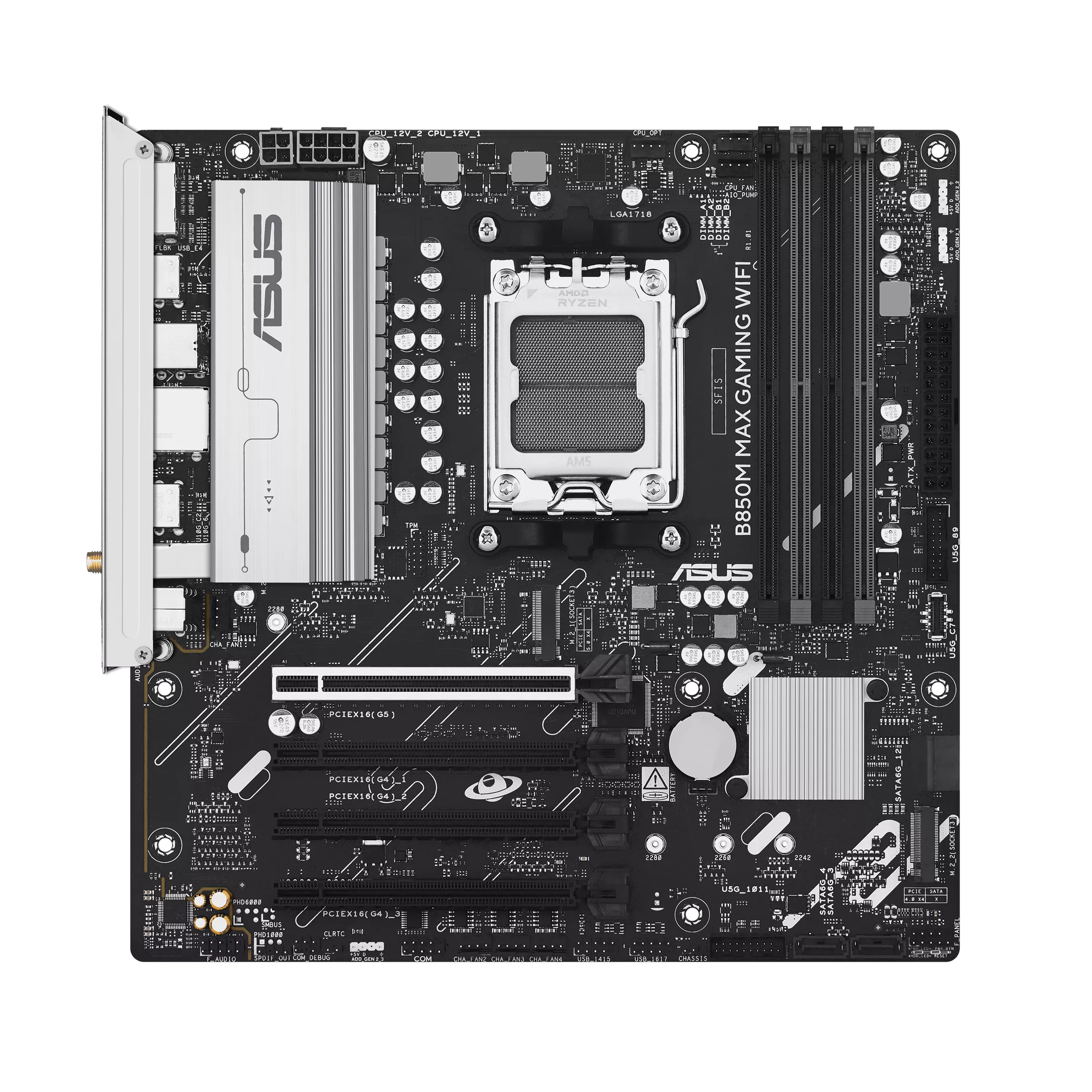 Asus B850M MAX GAMING WIFI | Processor family AMD | Processor socket AM5 | DDR5 | Supported hard disk drive interfaces SATA, M.2 | Number of SATA connectors 4