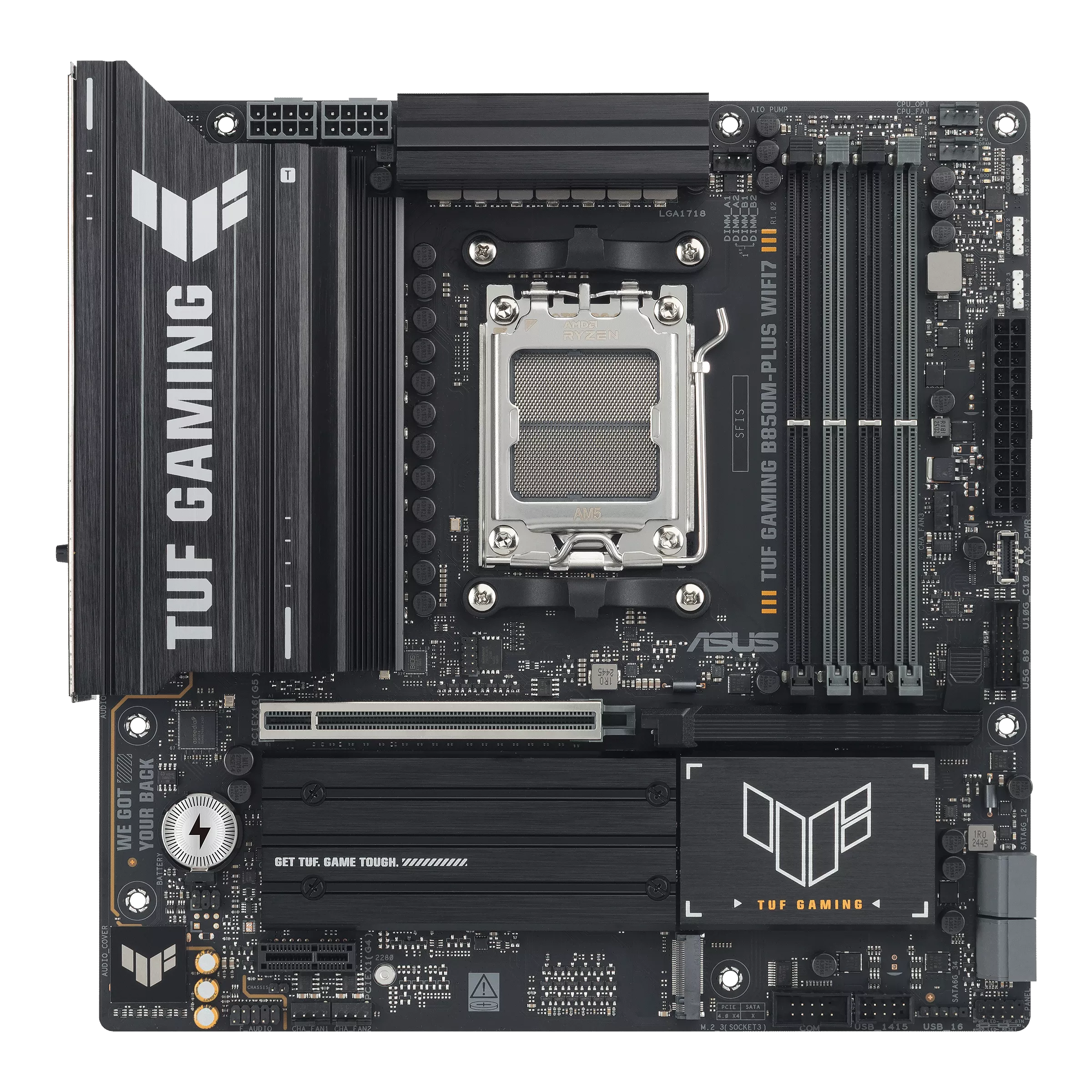 Asus TUF GAMING B850M-PLUS WIFI7 | Processor family AMD | Processor socket AM5 | DDR5 | Supported hard disk drive interfaces SATA, M.2 | Number of SATA connectors 4